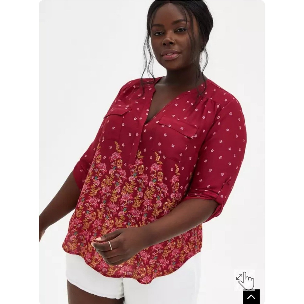 Torrid Harper Floral Georgette Pullover Tunic Size 3X Red Black 3/4 Sleeves
